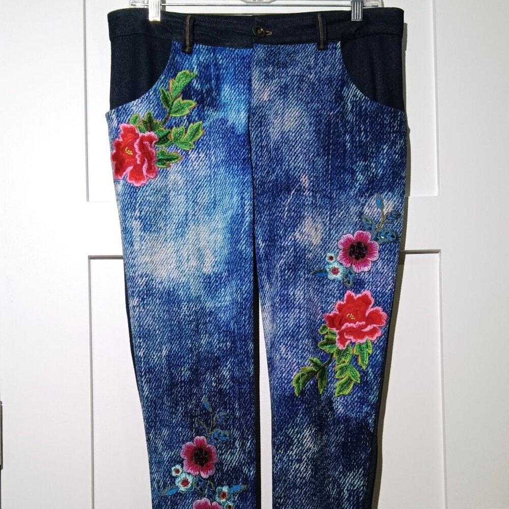 Petit Pois by Viviana G, Stretch Knit Floral Embroidered Denim look Jegging